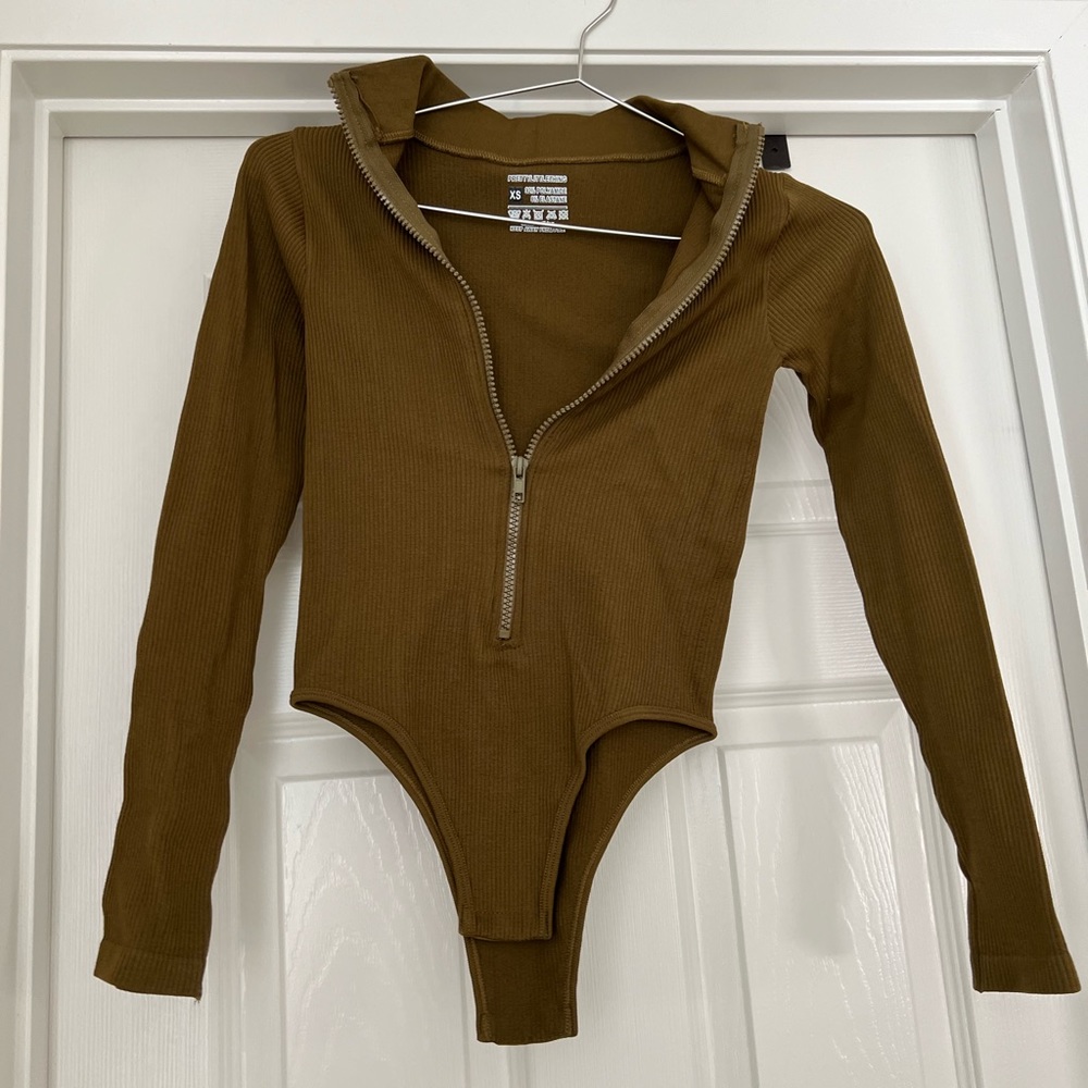 Moss Green half zip bodysuit